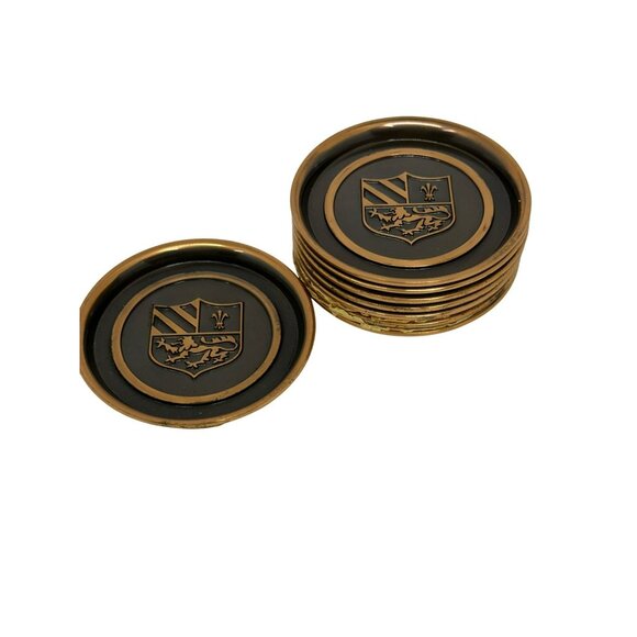 VTG Hyde Park Coaster Set 8 Monogrammed Copper Coat of Arms Barware Arms-Crest - Picture 2 of 10